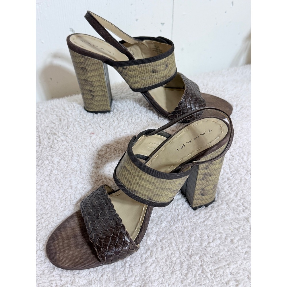 Tahari Jada Brown Woven Leather Snakeskin Block Heel Sandals Womens 7.5M